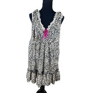 Cacique 26/28 Zebra Animal Print Pink Bow Lace Trim Tank Top Sleep nightie Dress